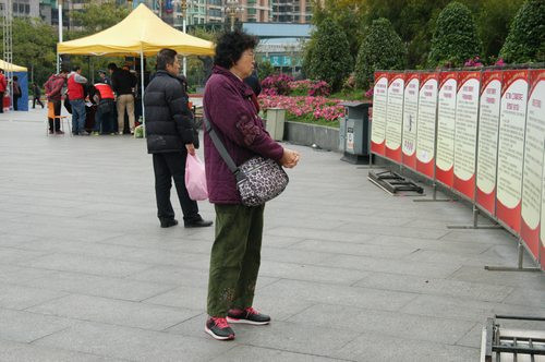 图三：老人在看展板，了解爱耳护耳知识